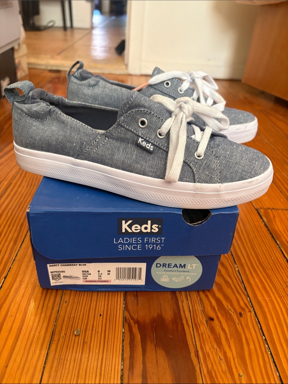Keds Chambray Lace-Up Sneakers in Denim Blue and White